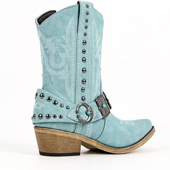 Women's Blue Ankle High Embroidery Pointed Toe Cowgirl Boots Rodeo Country - Picture 3 of 3